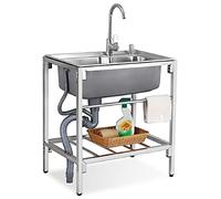 Sink Mobile Basin Stainless Steel with Faucet for Garage Garden Camping Basement, Includes Drain Strainer for Kitchen Workshop Farm Catering