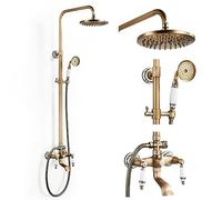 SINKTORY Columna Ducha Latón Retro Set De Ducha Antiguo Sistema de Ducha Altura Regulable 70-120cm, Columna de Ducha con Cabezal de Ducha de Lluvia, Ducha de Mano, Grifo de Ducha de Baño