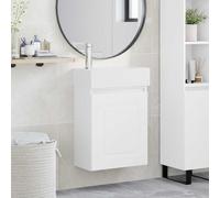 Sinkzol Mueble bajo lavabo de baño blanco con lavabo de cerámica y grifo plateado, montaje en pared, tamaño compacto 45,5 x 22,5 x 84 cm, mucho espacio de almacenamiento, puerta reversible