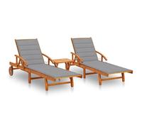 Sinkzol Tumbonas de 2 piezas con mesa y cojines de madera de acacia maciza, plegables con respaldo, reposacabezas y ruedas para jardín, terraza, balcón, piscina y tumbona de relax al aire libre