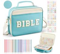 Sinload 24 fundas grandes de felpilla de piel sintética para mujer con pestañas de la Biblia, 6 bolígrafos de gel de colores, 12 resaltadores, funda bíblica de 12 x 9 x 2.5 pulgadas con correa para el
