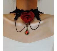 SINLOV Halloween gótico Punk Encaje Gargantilla Collar de Cristal Negro Borla Colgante Collares Flor Rosa Retro Collar Gargantilla Collar Cadena Joyería