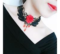 SINLOV Halloween Gótico Punk Encaje Gargantilla Collar de Cristal Negro/Rojo Borla Colgante Collares Flor Rosa Retro Collar Gargantilla Collar Cadena Joyería (Rojo)