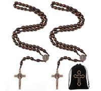 Sinmoe 2 Piezas Collares de Rosario de Madera con 2 Bolsas de Terciopelo Collar de Rosario con Cruz para Hombre Mujer Comunión Bautismo