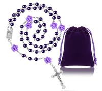 Sinmoe Collar Católico de Rosarios Morados con Bolsa de Regalo de Terciopelo Cuentas de Perlas de Primera Comunión de Oración Religiosas Regalo Cristianos Sagrados de Medalla Cruz de Flores Elegantes
