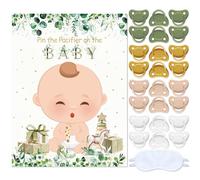 Sinmoe Juegos de Fiesta Pin the Pacifier on the Baby Decoración de Baby Shower de Verde Salvia Set de Carteles Ponle el Chupete al Bebé con 24 Pegatinas de Chupete Venda de Ojos para Cumpleaños Niños