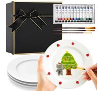 Sinmoe Kit para Pintar Tus Propios Platos de Cerámica Incluye 4 Platos de Porcelana 3 Pinceles 12 Pinturas Acrílicas 1 Caja de Regalo 1 Paleta para Pintar para Cumpleaños Navidad DIY(7 Pulgadas)