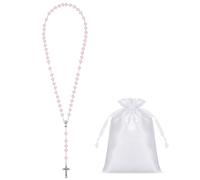 Sinmoe Set de 3 Rosario Corazón Primera Comunión con Tarjetas de Primera Comunión y Bolsa con Cordón Collar Rosario Metálico Collar de Cruz de Perlas Católicas para Niñas Niños Regalo Bautizo (Rosa)