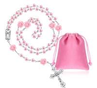 Sinmoe Set de Collar Católico de Rosarios Rosados con Bolsa de Regalo de Terciopelo Cuentas de Perlas de Vidrio Rosarios de Oración de Cristal Elegante Regalos de Sagrada Comunión para Mujeres Niñas