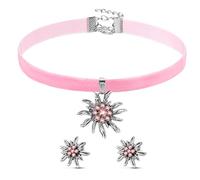 Sinmoe Set de Joyería Tradicional para Mujer Collar de Edelweiss y Aretes Gargantilla de Terciopelo de Edelweiss Joyería Bávara de Festival de Cerveza Accesorios Tradicionales de Dirndl (Rosa)