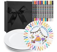 Sinmoe Set de Pintura de Cerámica DIY 3 Platos de Cerámica Bandeja de Servir Blanca 12 Bolígrafos de Porcelana de Lavavajillas Caja de Regalo para Graduación Maestro (Borde Ancho Redondo, 8 Pulgadas)