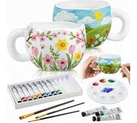 Sinmoe Set de Tazas de Cerámica para Pintura Adultos 2 Tazas 12 Pintura Cerámica 3 Pinceles 1 Paleta Regalo de Mug DIY Kit Manualidades de Taza Café Regalo para Boda Cumpleaños Navidad(Forma de Flor)
