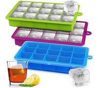 Sinnsally 3 Piezas Cubiteras para Hielo silicona con Tapa,Bandejas de Cubitos de Hielo Cuadrados Grandes de 3,5cm, 45 Cubos Silicona Moldes,para Cócteles,Whisky,Vino(azul/verde/morado)
