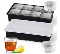 Sinnsally Cubitera de silicona XXL, forma de cubitos de hielo y bandejas de cubitos de hielo con tapa, molde para bolas de hielo, molde para congelación, cubitos de hielo (2 unidades, 8 moldes con