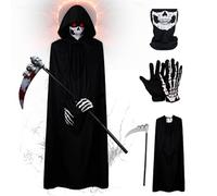 Sinoeem Disfraz de la Parca negra de 4 piezas para Halloween, disfraz de esqueleto de la parca de 140 cm, juego de capa negra con lentes brillantes, disfraz de muerte, accesorios de cosplay para