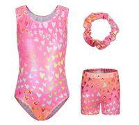 Sinoeem Maillot de gimnasia para niñas, manga larga/sin mangas, ropa de danza, ballet, pantalones cortos deportivos y diadema de colores brillantes para niñas de 5 a 12 años, B131_Pink_Orange, Tag