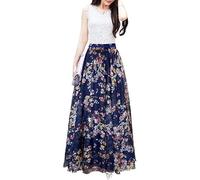 Sinono Falda larga de gasa floral para mujer, Azul marino, Medium