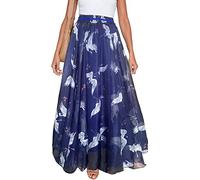 Sinono Falda larga de gasa floral para mujer, Azul Oscuro, Small