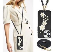 SINQERISHT Funda protectora para teléfono móvil para iPhone 7/8/SE2/SE3, de piel sintética, con tarjetero y correa de transporte, con cadena, cierre magnético, diseño de flor 3D, color negro