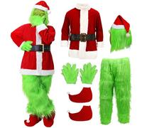 SINSEN Disfraz de Papá Noel para adulto - 7 piezas - Verde - Gran monstruo - Disfraz de Papá Noel para adulto - Cosplay de lujo - Atuendo de Papá Noel