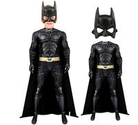 SINSEN Disfraz de superhéroe para niños y jóvenes, color negro oscuro, traje de caballero, capa de bate, media máscara, Halloween, cosplay