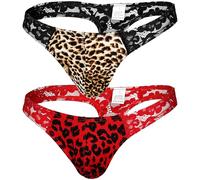 Sintege 2 Piezas Ropas Interiores Tangas de Encaje de Malla de Hilo Bajo para Hombre Bragas de Bikini(Leopardo,XL)