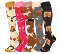 Sintege 5 Pares de Calcetines de Caballo para Mujer Calcetines Largos de Equitación Medias hasta la Rodilla Coloridas Regalo Divertido para Amantes de Caballos y Jinetes