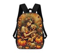 sinyumoney 17inch Autumnal Woman with Dog Mochila Escolar Infantil Con Estampado 3D, Mochila Escolar Informal Para Niños De Primaria Y Secundaria