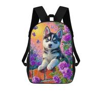 sinyumoney 17inch Painted Husky with Flowers -2 Mochila Escolar Infantil Con Estampado 3D, Mochila Escolar Informal Para Niños De Primaria Y Secundaria