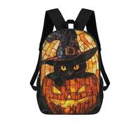 sinyumoney Black Cat in Pumpkin Stained Glass Mochila Infantil Para Niñas Y Niños, Mochila De Día, Escuela Primaria, Perfecta Para La Vuelta Al Cole O Educación Física, Regalos Y Viajes 17inch