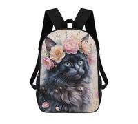 sinyumoney Black Cat with Flower Crown Watercolor Mochila Escolar Para Niños Con Impresión 3D, Mochila Moderna Para Niños Y Niñas, Mochila Informal Para Estudiantes. 17inch