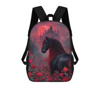 sinyumoney Black Horse Red Roses Castle Mochila Escolar Ligera Para Aeropuerto, Estudiantes Universitarios, Mochila Para Niños/niñas/adolescentes 17inch