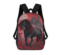 sinyumoney Black Horse Red Roses Fantasy Castle Mochila Escolar Infantil De 17 Pulgadas, Mochila Escolar Impresa En 3D Para Niños De Primaria Y Secundaria