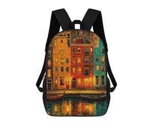 sinyumoney Colorful Amsterdam Canal Houses at Night Mochila Escolar, Mochila De Negocios Para Portátil, Mochila Informal Unisex Para Hombres, Mujeres Y Adolescentes 17inch