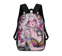 sinyumoney Colorful Tattooed Woman with Cat Mochilas De 17 Pulgadas Para Niños, Mochilas Escolares Impresas En 3D Para Estudiantes De Primaria Y Secundaria, Para Niños Y Niñas.