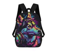 sinyumoney Colorful Wolf Headphones Art Print-3 Mochila Escolar Infantil De 17 Pulgadas, Impresa En 3D, Estilo Casual, Para Niños, Ideal Para Viajes, Como Mochila Escolar O Para Llevar Libros.