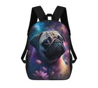sinyumoney Cosmic Pug with Flowers Mochila Escolar Infantil De 17 Pulgadas, Mochila Escolar Impresa En 3D Para Niños De Primaria Y Secundaria