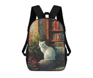 sinyumoney Cozy Reading Nook with White Cat Mochila Escolar Grande Resistente Al Agua Para Portátil Para Niñas Y Adolescentes 17inch
