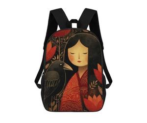 sinyumoney Cute Kokeshi Girl with Raven Mochilas Infantiles Escolares Impresas En 3D, Mochilas Para Niños, Mochilas De Viaje Para Niños Y Niñas, Mochilas Escolares Para Niños 17inch