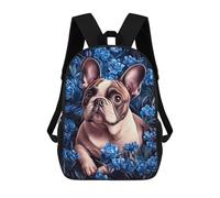 sinyumoney French Bulldog in Blue Flowers Mochila Escolar De 17 Pulgadas Para Adolescentes, Con Estampado 3D, Ajustable Y Con Bolsillos, Ideal Para Niños, Niñas Y Estudiantes.