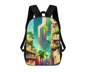 sinyumoney Future Cityscape with Palm Trees -2 Mochila Escolar Infantil, Mochilas Impresas En 3D, Mochilas Escolares De Moda Para Niños De Primaria Y Secundaria 17inch