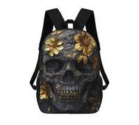 sinyumoney Golden Skull with Flowers Mochila Escolar Impresa En 3D Para Niños Y Niñas, Mochila Escolar, Mochila De Viaje Para Niños 17inch