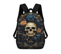 sinyumoney Golden Skull with Roses Art Print Mochila Escolar Para La Escuela Secundaria, Preparatoria, Universidad Y Viajes Para Niños/niñas/adolescentes 17inch