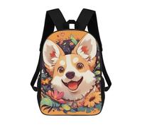 sinyumoney Happy Corgi with Floral Background Mochila Escolar Infantil De 17 Pulgadas, Mochila Escolar Impresa En 3D Para Niños De Primaria Y Secundaria