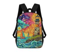 sinyumoney Lighthouse Ocean Waves Painting Mochilas Escolares Mochila Escolar Ligera Mochila De Día Mochila Escolar Para La Universidad Para Niños/Niñas/Adolescentes 17inch