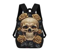 sinyumoney Mochila Escolar Infantil Impresa En 3D Golden Skull with Roses Mochilas Para Libros Mochilas De Viaje Informales Mochila De Gran Capacidad Para Niños 17inch
