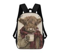 sinyumoney Mochila Escolar Para Niños 17inch Impresa En 3D Anthropomorphic Highland Cow with Coffee Mochila Deportiva Para Niños Y Niñas Mochila De Moda