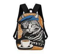 sinyumoney Mochila Escolar Para Niños 17inch Impresa En 3D Cat in Beret with Coffee Mochila Deportiva Para Niños Y Niñas Mochila De Moda