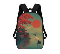 sinyumoney Mochila Escolar Para Niños 17inch Impresa En 3D Japanese Sunset Scene with Crane Mochila Deportiva Para Niños Y Niñas Mochila De Moda