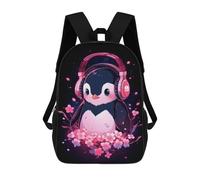 sinyumoney Mochila Escolar Para Niños Penguin Pink Headphones Mochila De Moda Para Adolescentes Mochila Informal Para Niños Y Niñas Mochila Escolar Con Impresión 3D 17inch